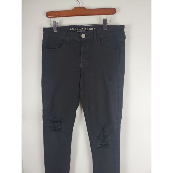 American Eagle Super Stretch Jeggings 6 Womens Low Rise Black Distressed Skinny - Picture 2 of 10